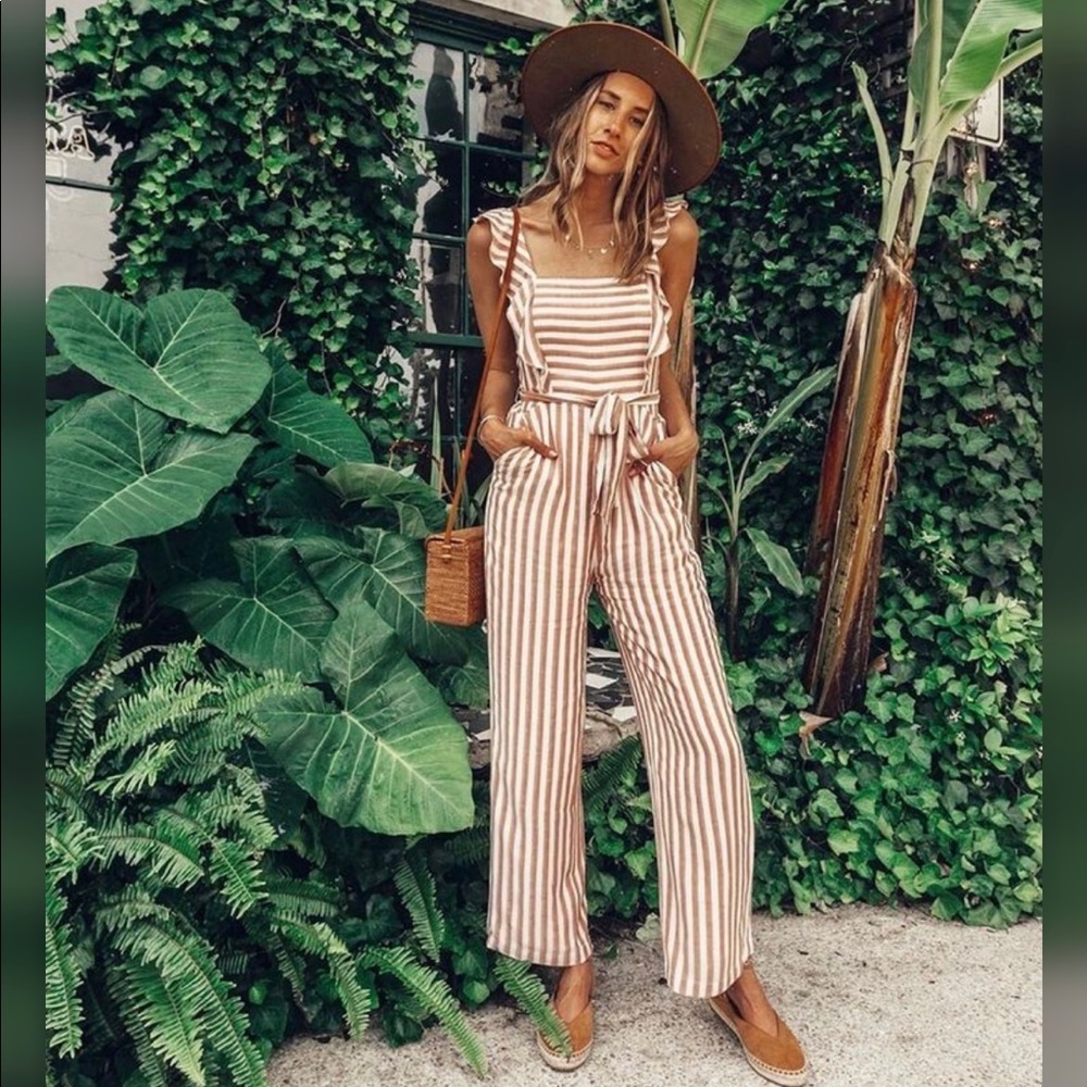 PAIGE Marino Jumpsuit Clay/dust Pink Stripes Sz XS Ruffle Sleeves